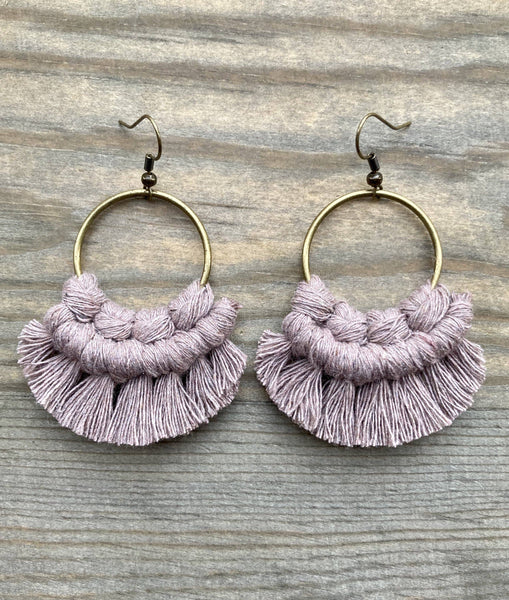 HK Macrame Jewelry - Small Round Fringe Earrings - Dusty Mauve & Bronze