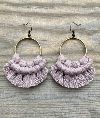 HK Macrame Jewelry - Small Round Fringe Earrings - Dusty Mauve & Bronze