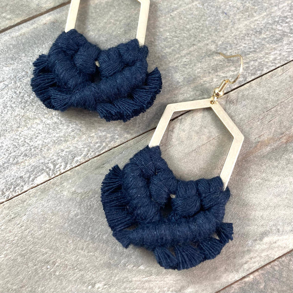 HK Macrame Jewelry - Geometric Fringe Earrings - Black