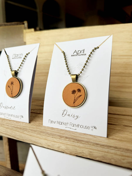 New Market Farmhouse - Birth Month Flower Necklaces - Leather Pendant Necklace Set