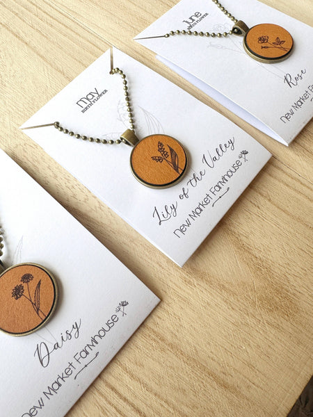 New Market Farmhouse - Birth Month Flower Necklaces - Leather Pendant Necklace Set