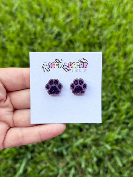 Laser & Color Designs LLC - Glitter Paw Print Studs, Mascot Studs, Team Spirit