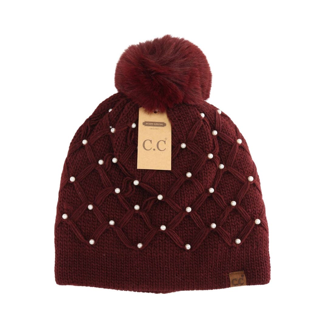 C.C Beanie - Allover Pearl Crochet C.C Faux Fur Pom Beanie HTE0128