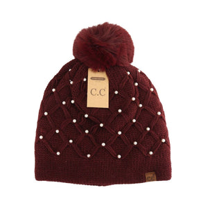 C.C Beanie - Allover Pearl Crochet C.C Faux Fur Pom Beanie HTE0128