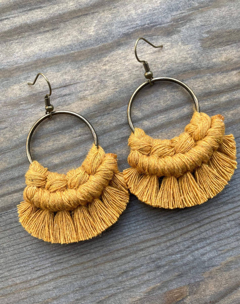 HK Macrame Jewelry - Small Round Fringe Earrings - Mustard & Bronze