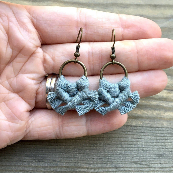 HK Macrame Jewelry - Micro Fringe Round Earrings - Laurel Green & Bronze