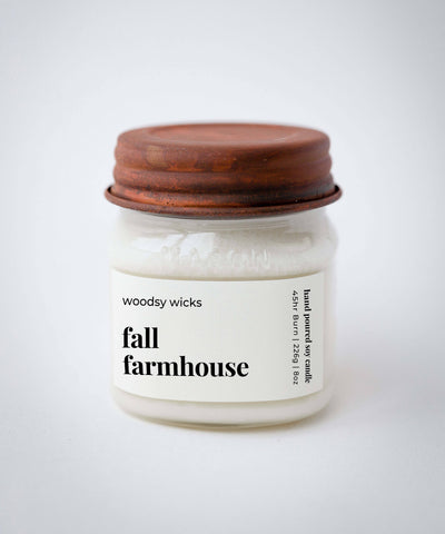 Woodsy Wicks - Fall Farmhouse Candle - Rust Lid Wood Wick 100% Soy Wax: 8oz / Crackling wood wick