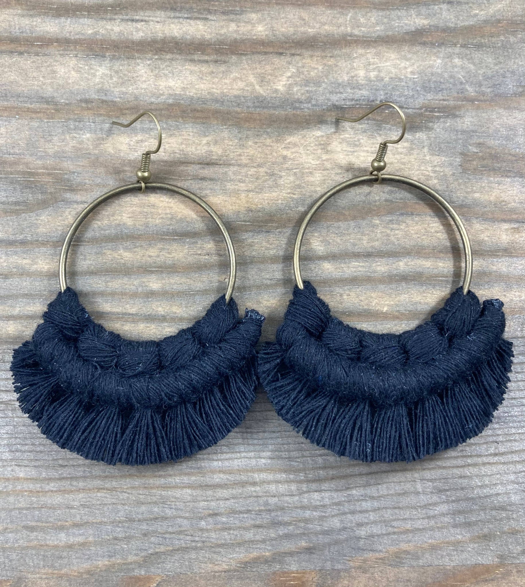 HK Macrame Jewelry - Large Statement Fringe Earrings - Black & Bronze