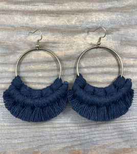 HK Macrame Jewelry - Large Statement Fringe Earrings - Black & Bronze