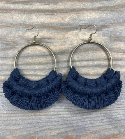 HK Macrame Jewelry - Large Statement Fringe Earrings - Black & Bronze