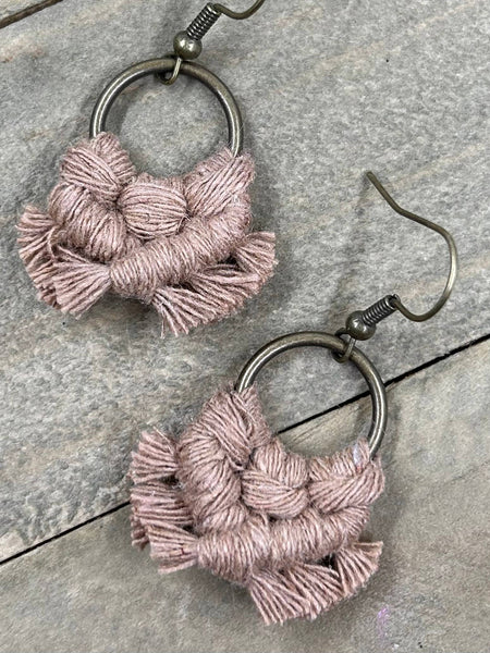 HK Macrame Jewelry - Micro Fringe Round Earrings - Mocha & Bronze