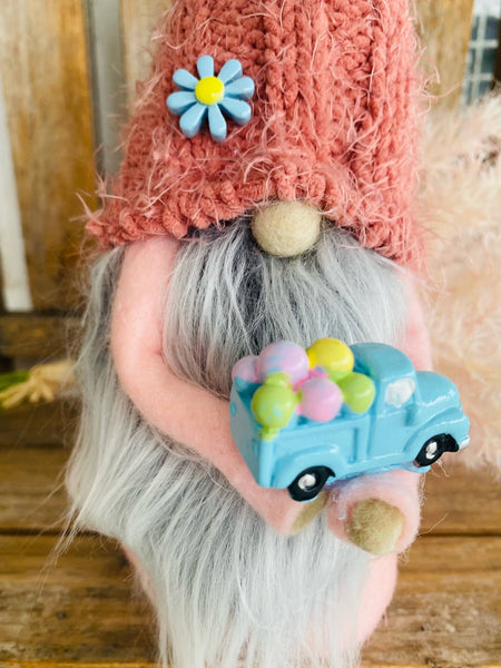 A Gnome on the Roam - Pastel Spring Easter gnome with blue truck, tier tray decor