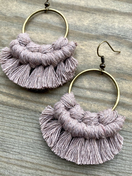 HK Macrame Jewelry - Small Round Fringe Earrings - Dusty Mauve & Bronze