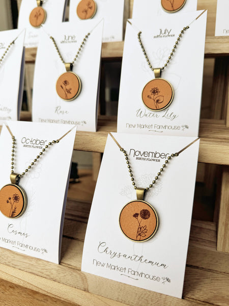 New Market Farmhouse - Birth Month Flower Necklaces - Leather Pendant Necklace Set