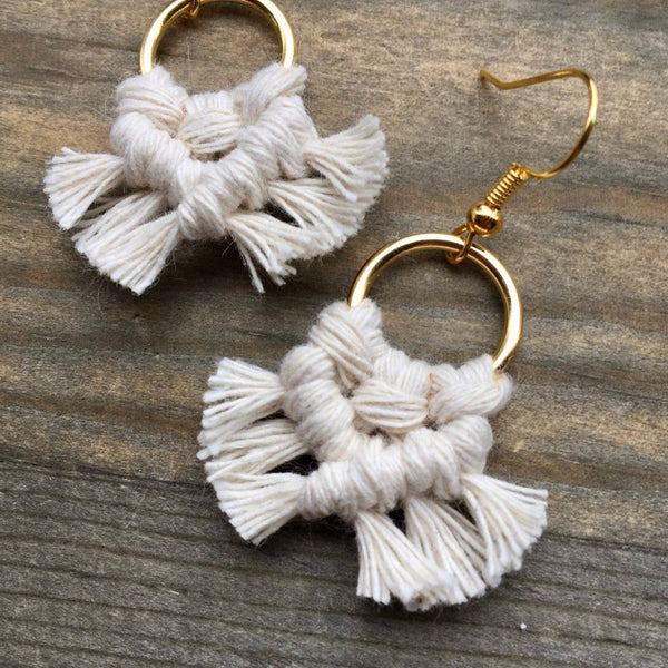 HK Macrame Jewelry - Micro Fringe Round Earrings - Natural & Gold