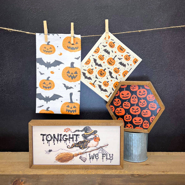 Driftless Studios - Pumpkins & Bats Halloween Swedish Dishcloth - Fall Decor
