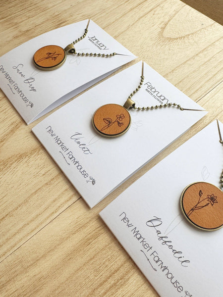 New Market Farmhouse - Birth Month Flower Necklaces - Leather Pendant Necklace Set