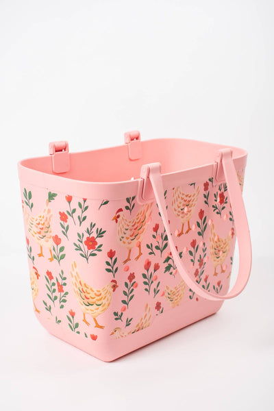 American Farm Company - Pink Chickens & Blooms Rubber Beach Tote Bag -  Large
