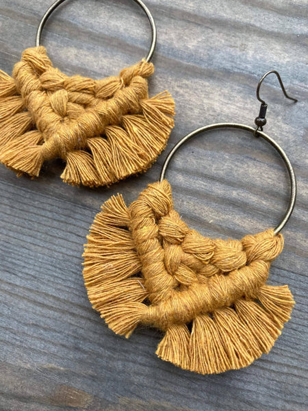 HK Macrame Jewelry - Large Fringe Earrings - Mustard & Bronze