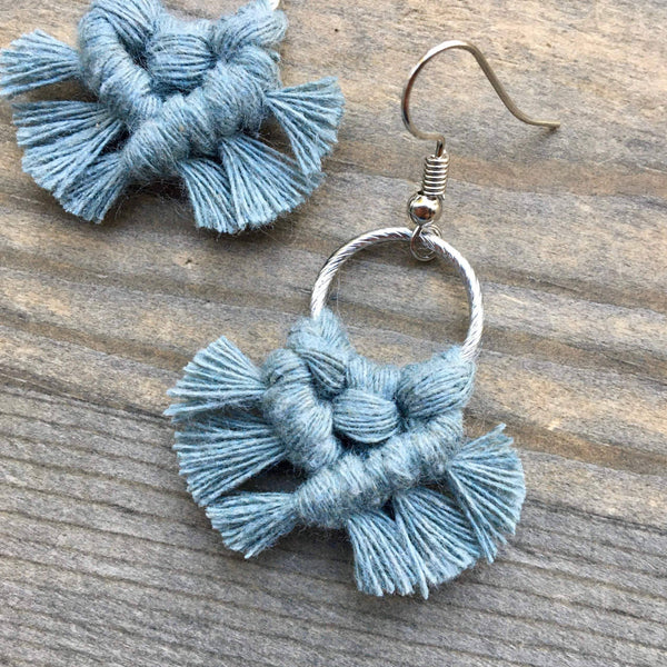 HK Macrame Jewelry - Micro Fringe Round Earrings - Laurel Green & Silver