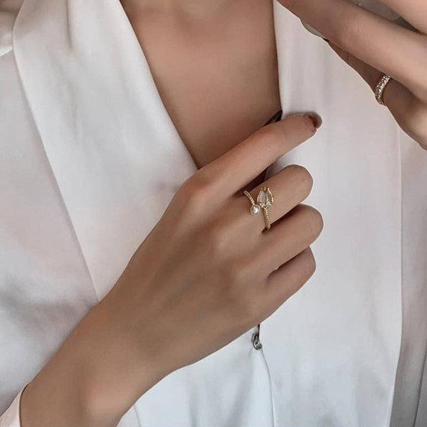 Opal Tulip Flower Pearl Stacking Bypass Ring in Solid Copper