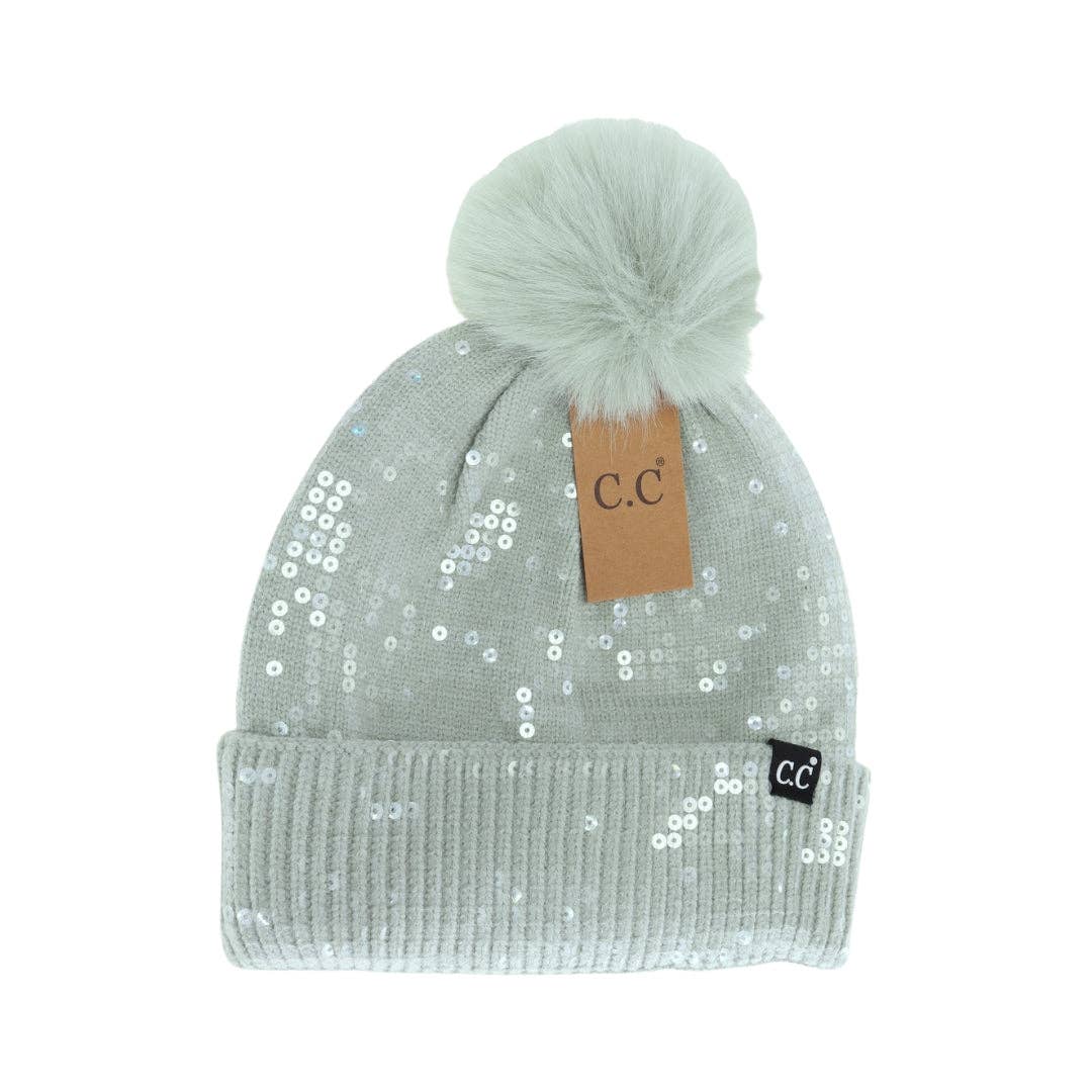 C.C Beanie - Allover Clear Sequin Faux Fur Pom C.C Beanie HTC0044