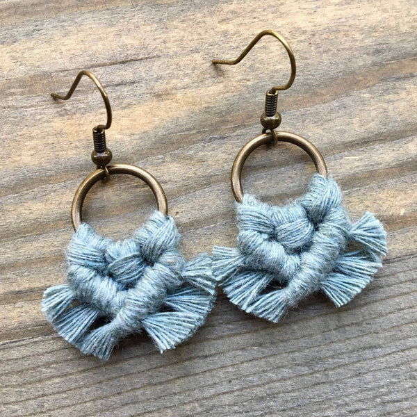 HK Macrame Jewelry - Micro Fringe Round Earrings - Laurel Green & Bronze
