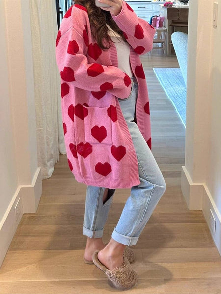 Rosa Clothing - Valentine's Day red heart pattern long cardigan in pink