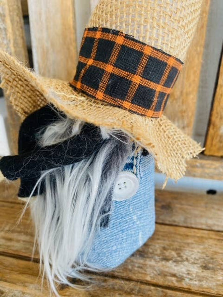 A Gnome on the Roam - Fall Farmer Gnome, blue jean overalls and burlap hat