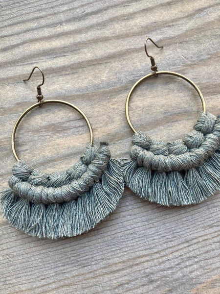 HK Macrame Jewelry - Large Statement Fringe Earrings - Army Green & Bronze