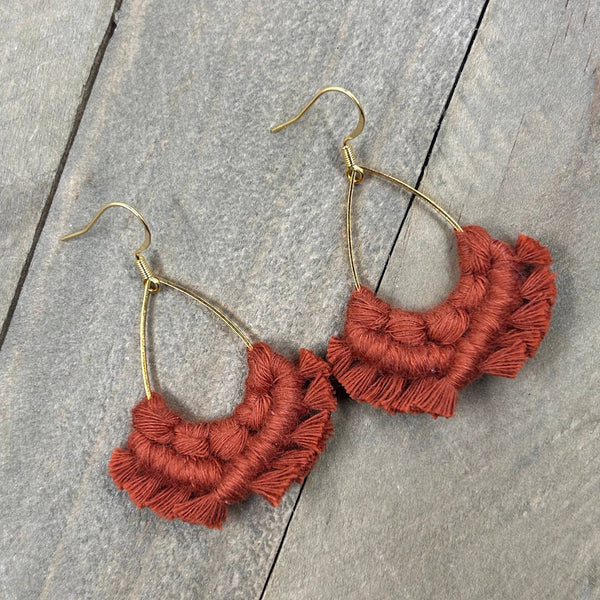 HK Macrame Jewelry - Small Teardrop Fringe Earrings - Cider Orange & Gold