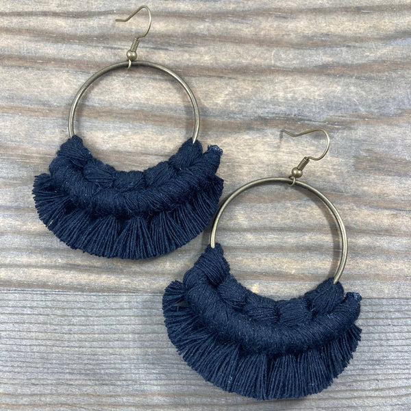 HK Macrame Jewelry - Large Statement Fringe Earrings - Black & Bronze