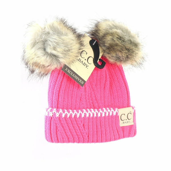 C.C Beanie - Baby Solid Knit Double Fur Pom Beanie - Newborn