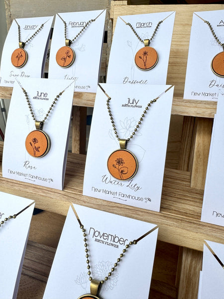 New Market Farmhouse - Birth Month Flower Necklaces - Leather Pendant Necklace Set