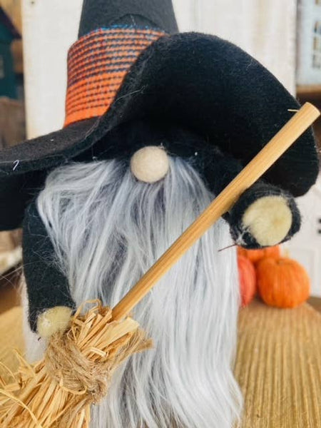 A Gnome on the Roam - Handmade Witch Gnome black felt, broom, hat, fuzzy beard