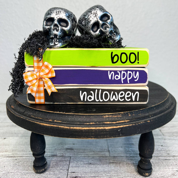 Ruaille Buaille Co - October home decor | Mini book stacks for Halloween - Boo