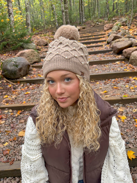 C.C Beanie - Allover Pearl Crochet C.C Faux Fur Pom Beanie HTE0128