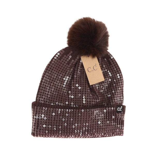 C.C Beanie - Allover Clear Sequin Faux Fur Pom C.C Beanie HTC0044