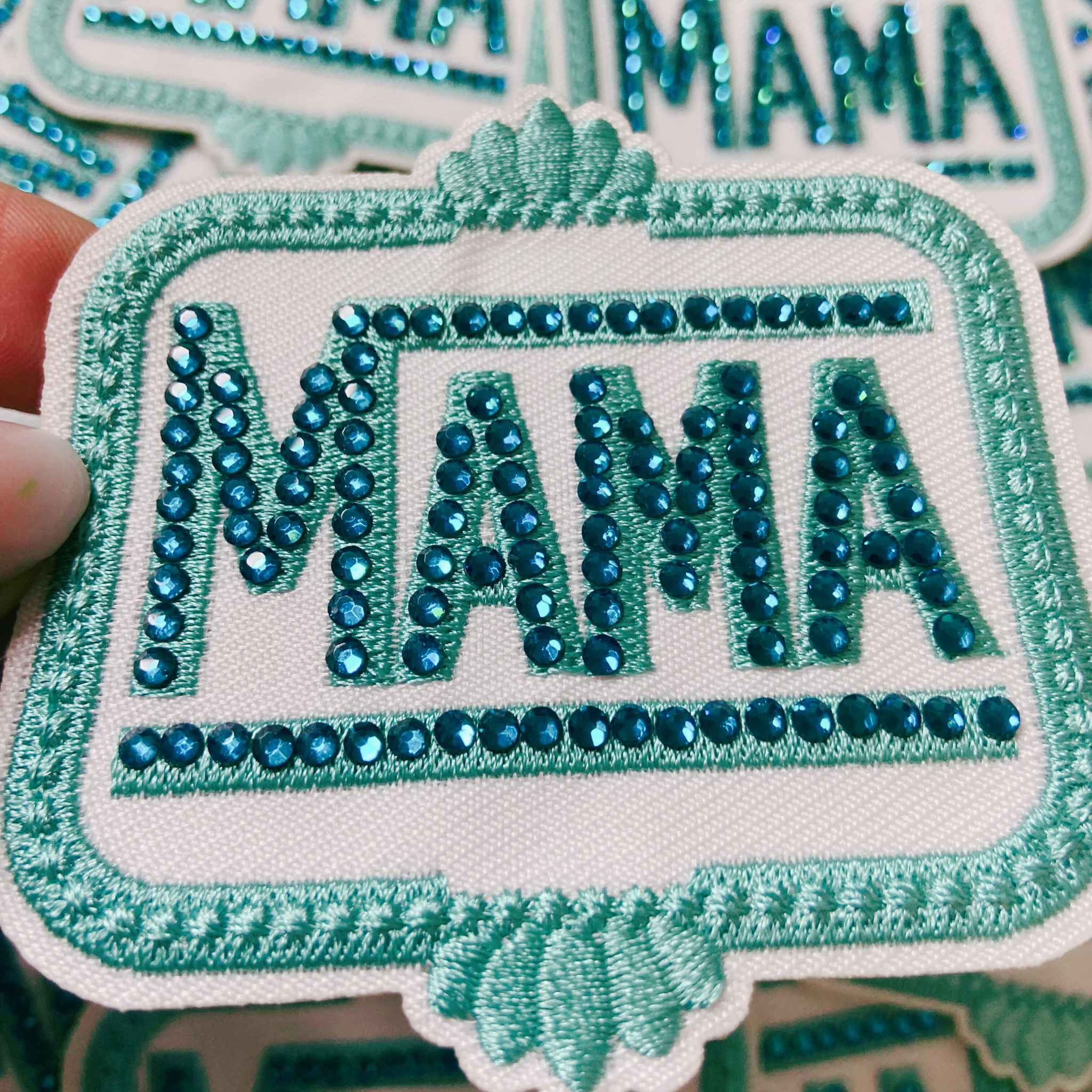 TEELUX - 3" Teal MAMA with Rhinestones  -  Embroidered Hat Patch
