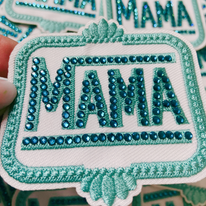 TEELUX - 3" Teal MAMA with Rhinestones  -  Embroidered Hat Patch