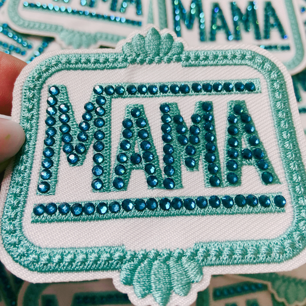 TEELUX - 3" Teal MAMA with Rhinestones  -  Embroidered Hat Patch