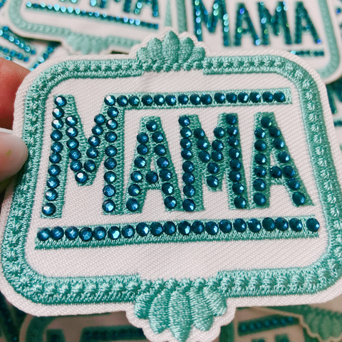 TEELUX - 3" Teal MAMA with Rhinestones  -  Embroidered Hat Patch