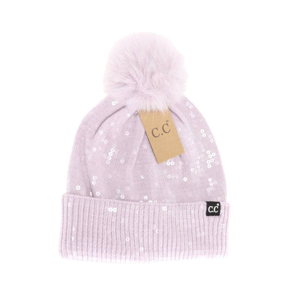 C.C Beanie - Allover Clear Sequin Faux Fur Pom C.C Beanie HTC0044