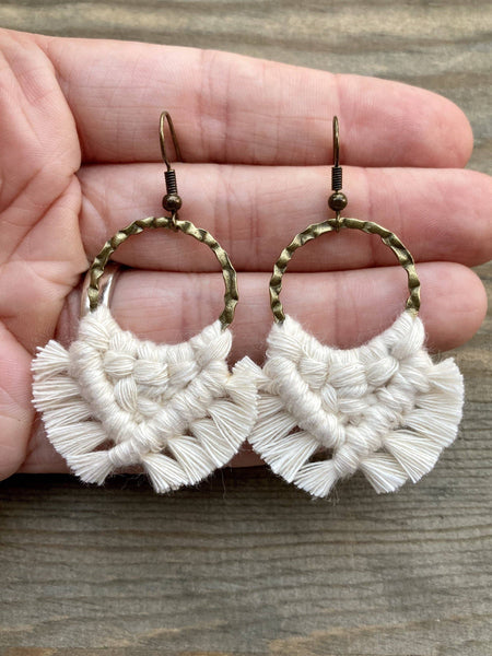 HK Macrame Jewelry - Small Square Knot Fringe Earrings - Natural & Bronze