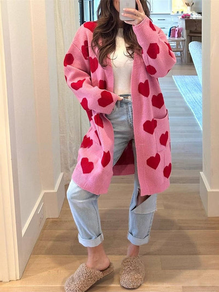 Rosa Clothing - Valentine's Day red heart pattern long cardigan in pink