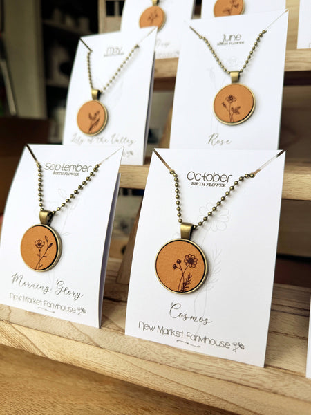 New Market Farmhouse - Birth Month Flower Necklaces - Leather Pendant Necklace Set
