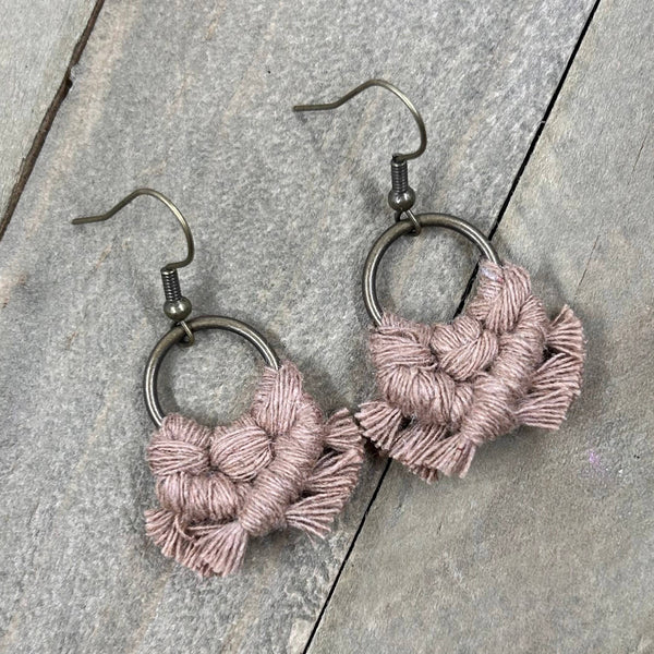 HK Macrame Jewelry - Micro Fringe Round Earrings - Mocha & Bronze
