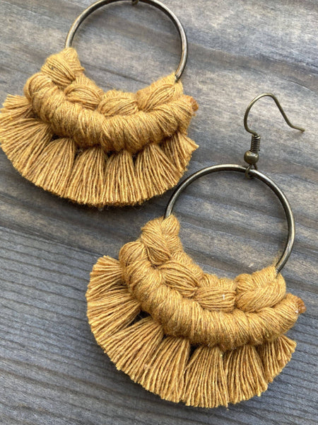 HK Macrame Jewelry - Small Round Fringe Earrings - Mustard & Bronze