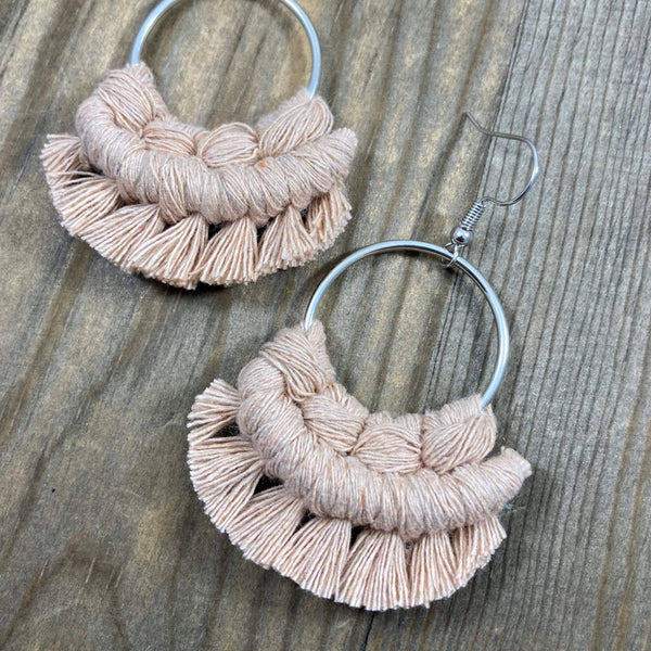 HK Macrame Jewelry - Small Round Fringe Earrings - Nude & Silver