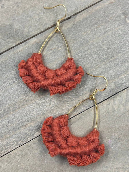 HK Macrame Jewelry - Small Teardrop Fringe Earrings - Cider Orange & Gold